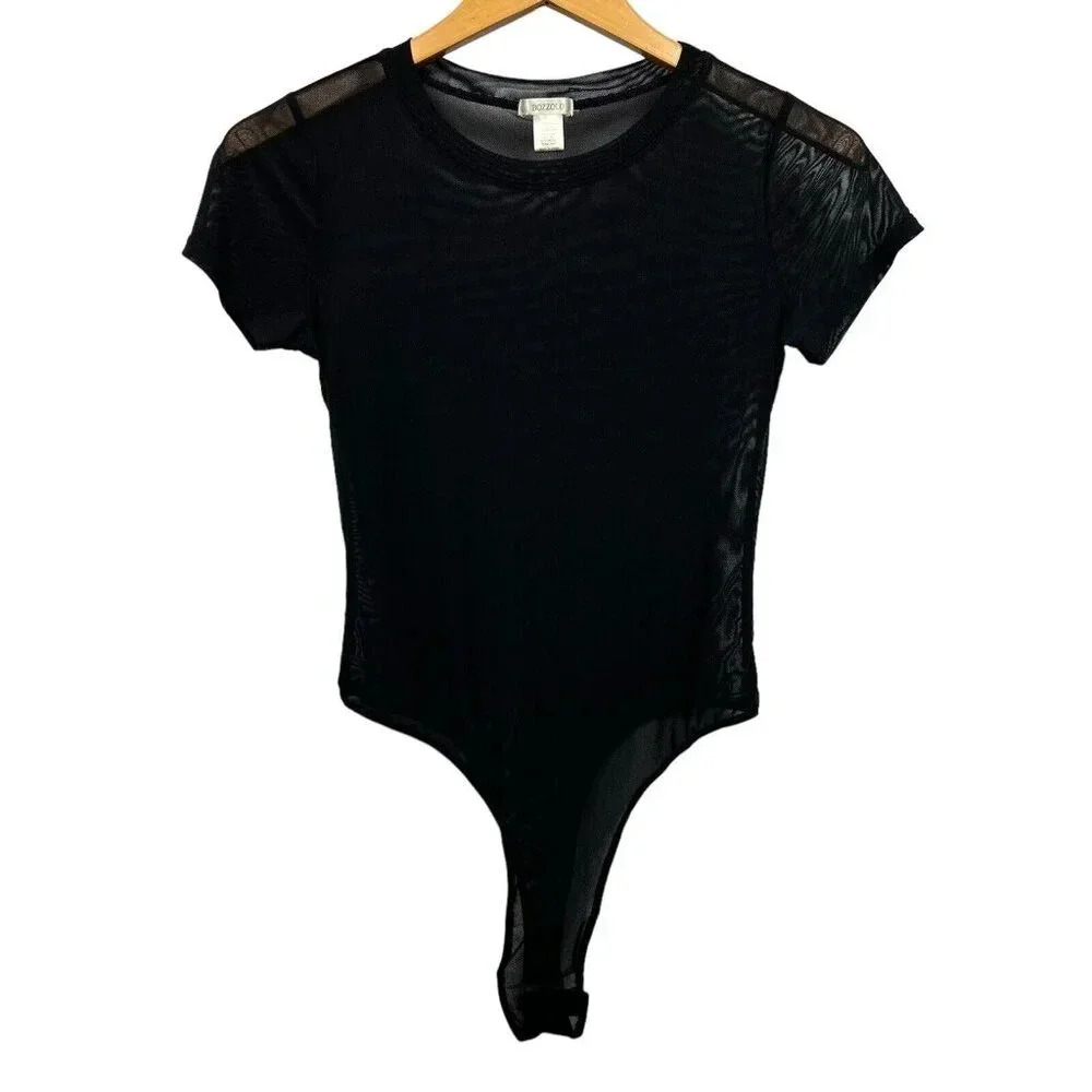 Bozzolo Mesh Short Sleeve Bodysuit Womens Size Small Black Stretch Sexy NWOT